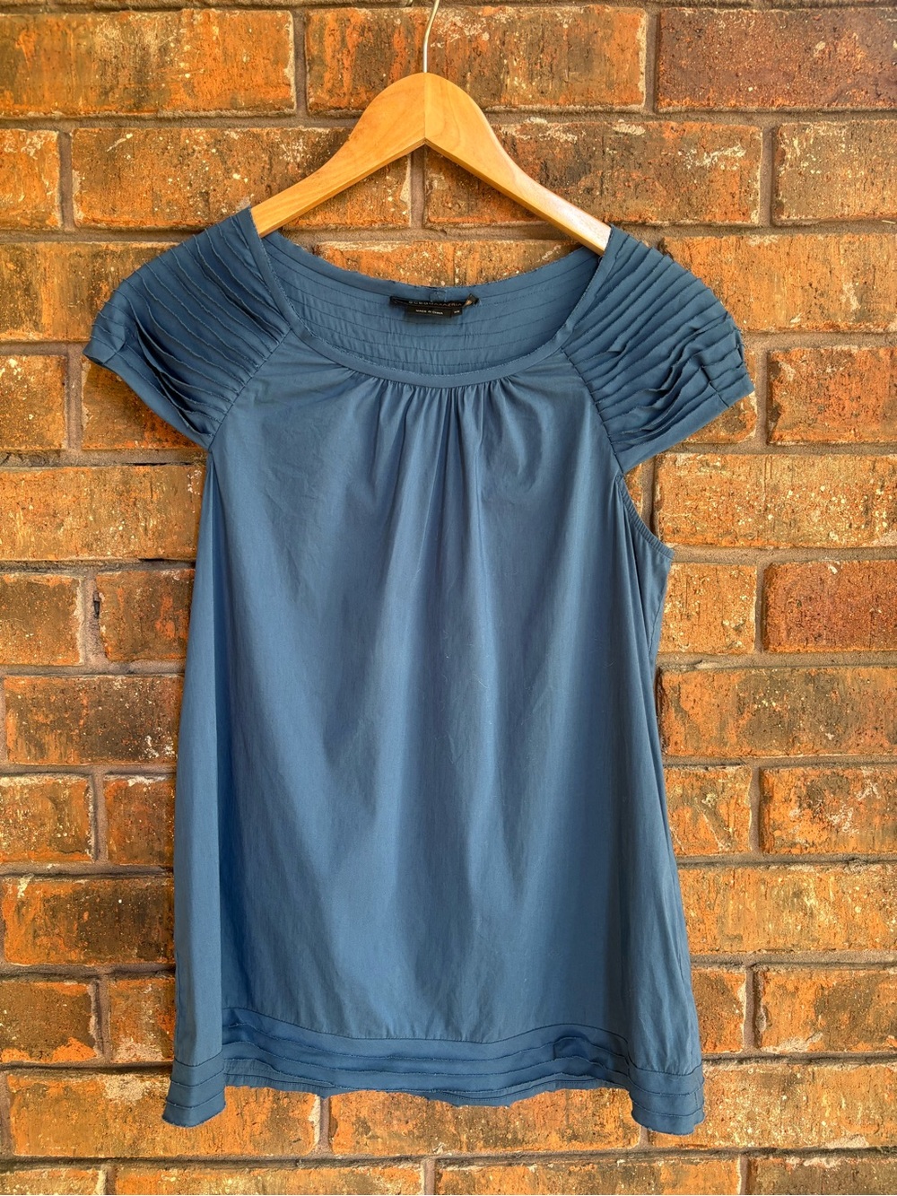 BCBG Max Azria Steel/Teal Blue Pleated Cap Sleeve Tunic Top